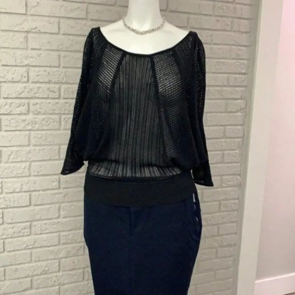 Catherine MaLandrino Women Black Mesh Knit Dolman Sleeve Top Size M